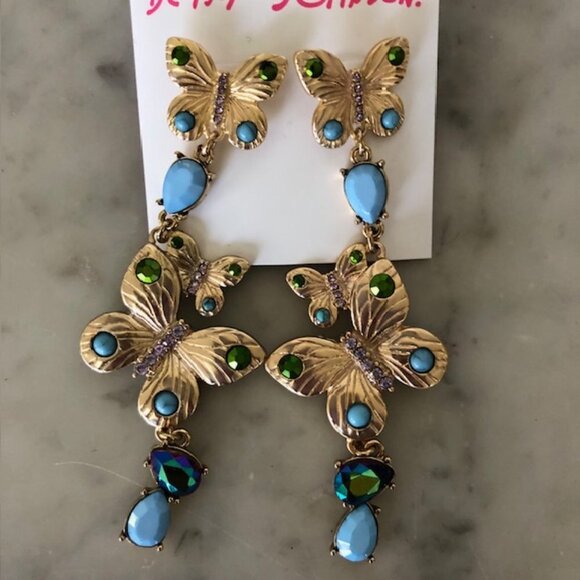 BETSEY JOHNSON Butterfly Rhinestone Gold Tone Blue Green Dangle Post Ear… - Picture 8 of 14